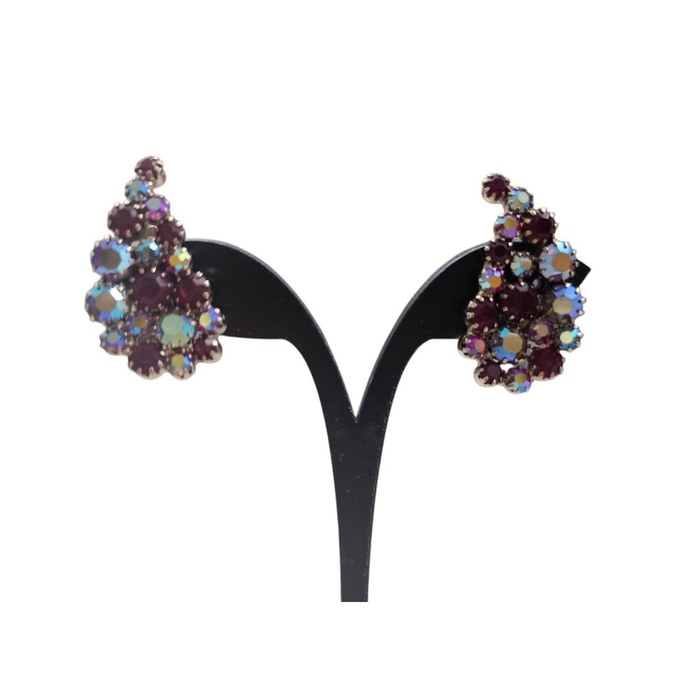 Vintage Ear Climber Clip Earrings With Colored Stones